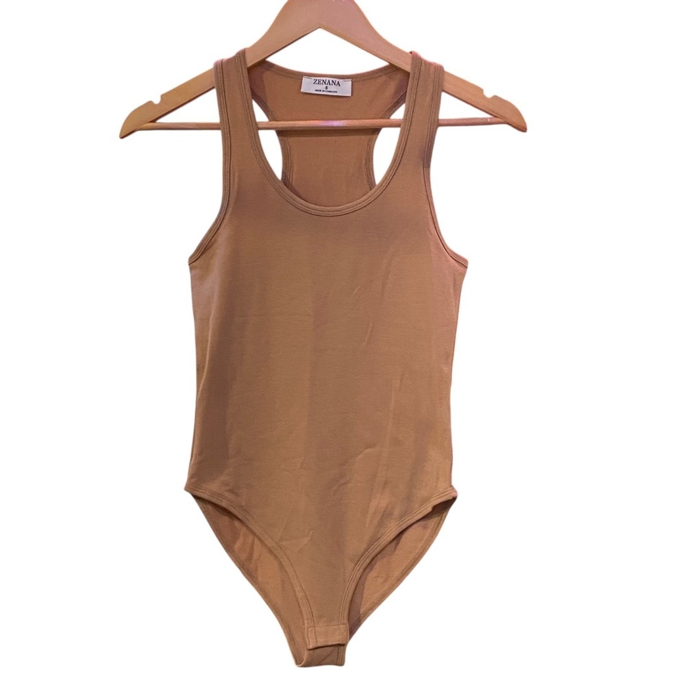 ZENANA Tan/Light Brown Tank Bodysuit Racerback Snap Crotch Size S NWOT